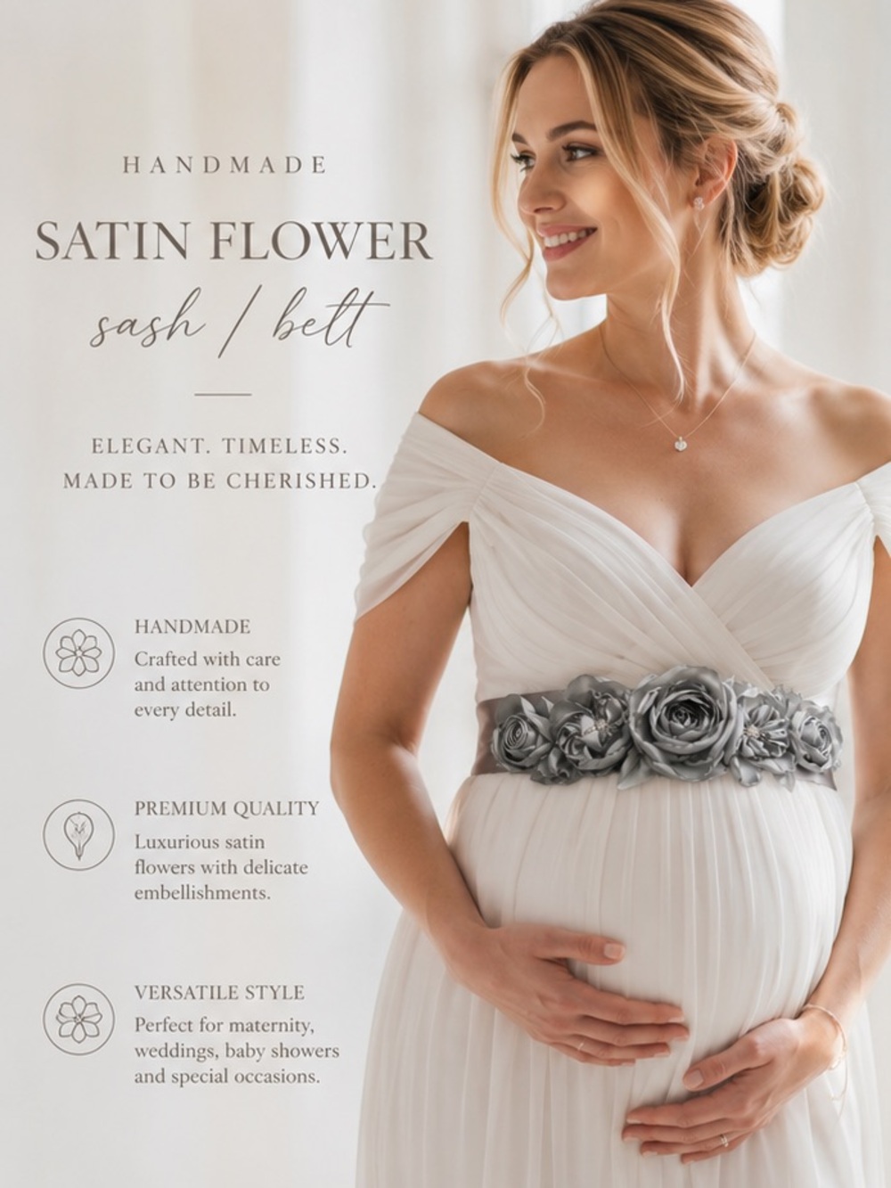 Handmade Couture Silver Satin Floral Bridal Sash Belt | Wedding • Maternity